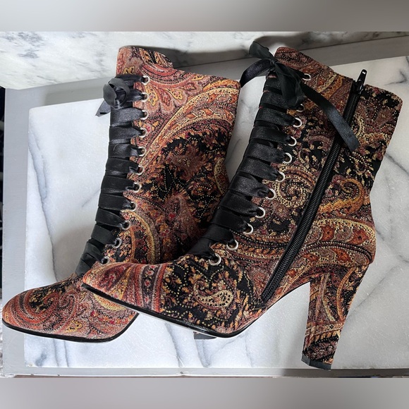 Spiegel Paisley Brocade Steampunk Gypsy Lace-Up Boots in Multicolor - Picture 2 of 6